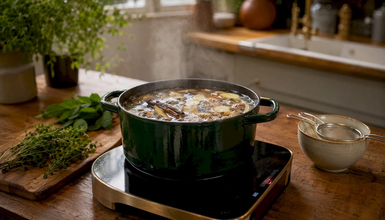 Simmering pot with ginger root decoction