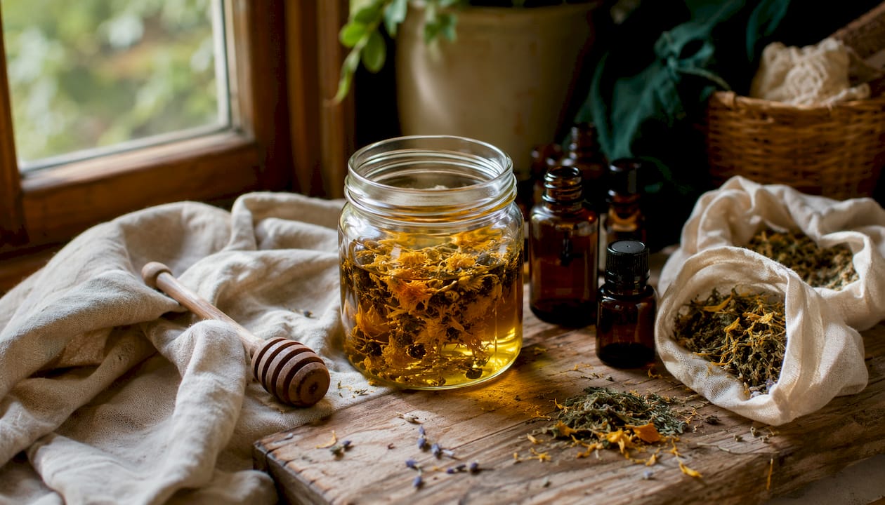 Jar of calendula oil infusion on apothecary shelf