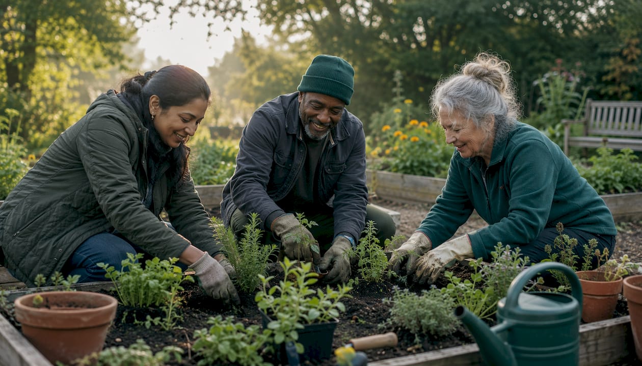 Diverse group planting medicinal herbs in garden
