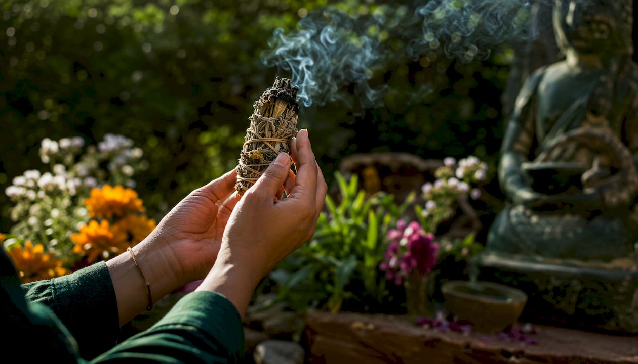 Hands holding smoking mugwort and sage bundle ritual