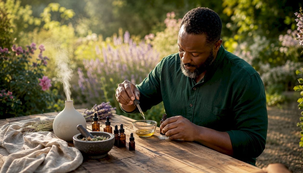 Hands mixing herbal oils on wooden table with tools