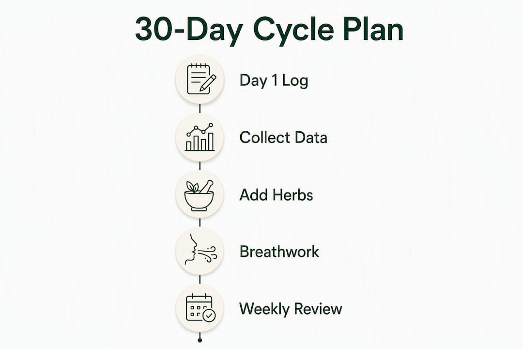 Infographic illustrating five steps of a 30-day cycle tracking plan
