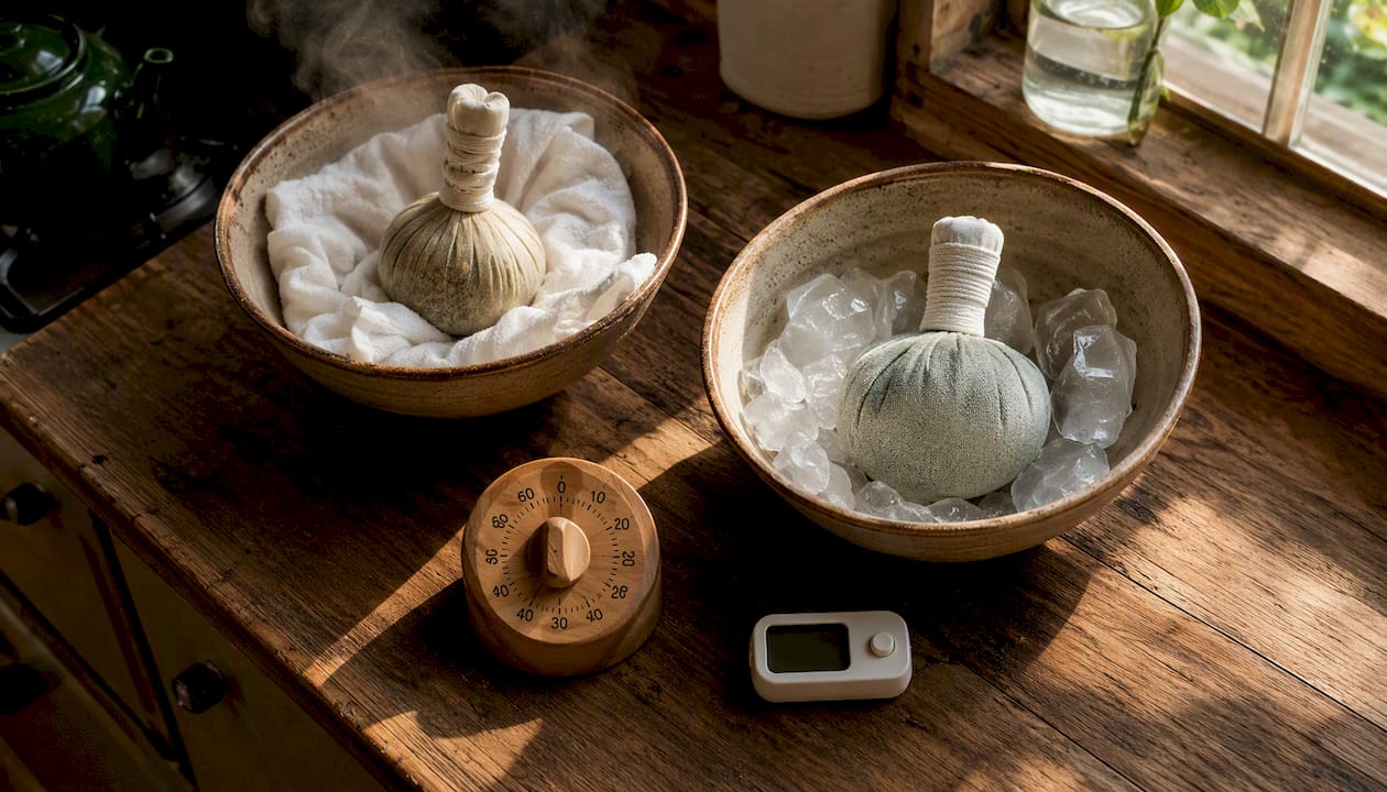 Warm and cold herbal compress preparation setup
