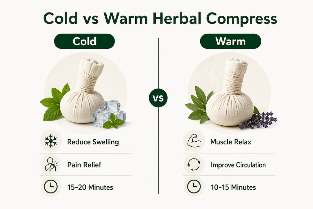 Infographic comparing cold and warm herbal compress benefits and timings