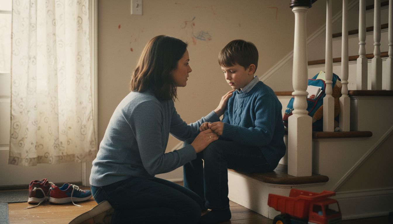 Mother comforting anxious ADHD child on stairs