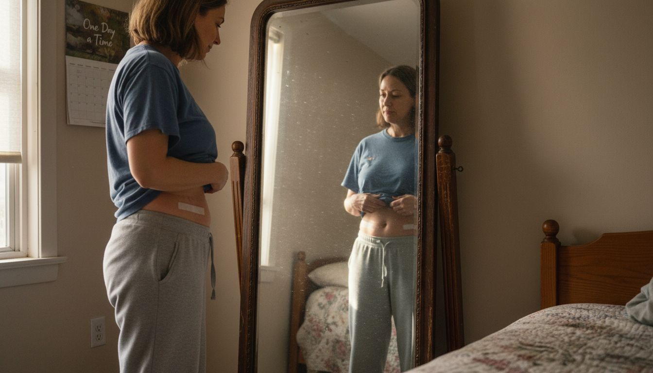Woman viewing tummy tuck results in mirror