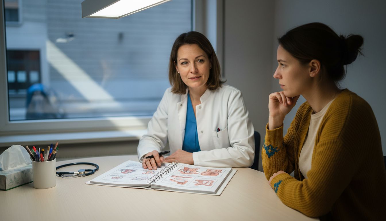 Im Gespräch mit ihrer Ärztin informiert sich die Patientin über eine mögliche Brustverkleinerung.