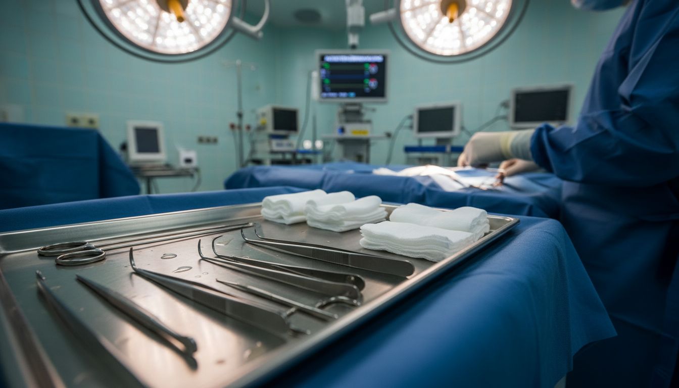 Chirurgische Instrumente für die Brustrekonstruktion auf einem OP-Tisch bereitgelegt