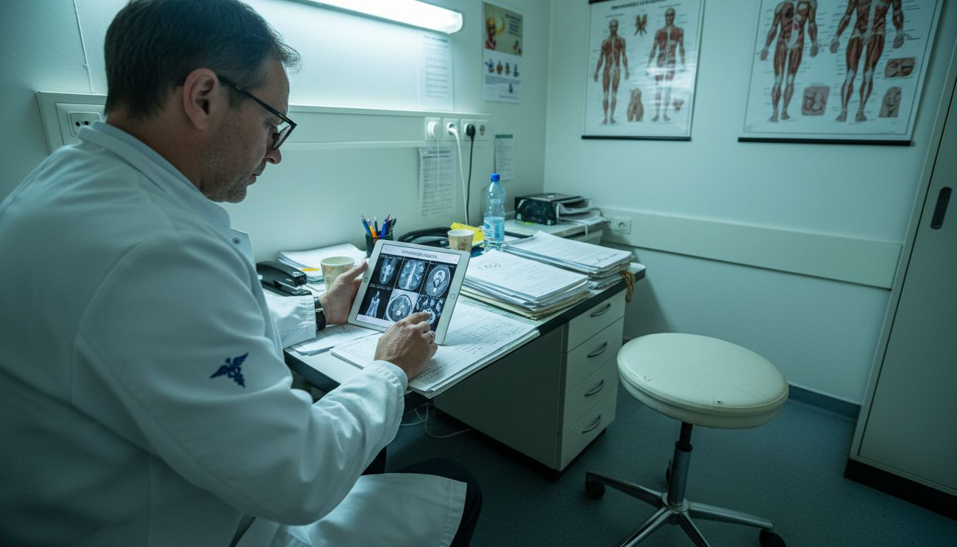 Ein Arzt sichtet am Schreibtisch in der Praxis Patientenfotos.