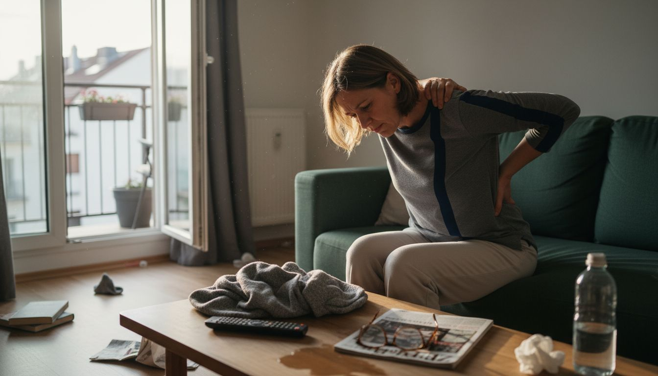 Eine Frau massiert ihren Rücken und zeigt dabei Anzeichen von Brustbeschwerden.