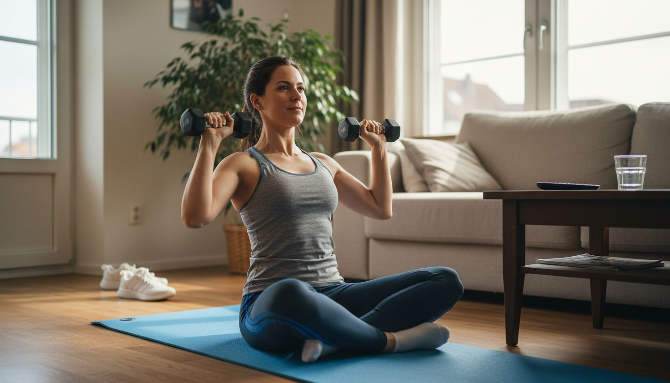 Frau trainiert ihre Brustmuskeln mit einem Workout zu Hause.