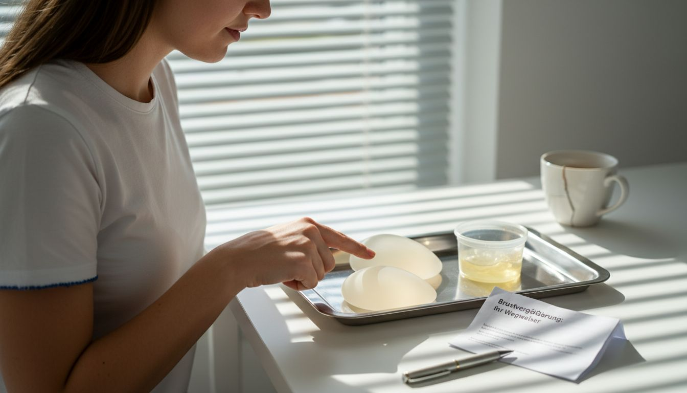 Patientin begutachtet verschiedene Brustimplantate zum Vergleich