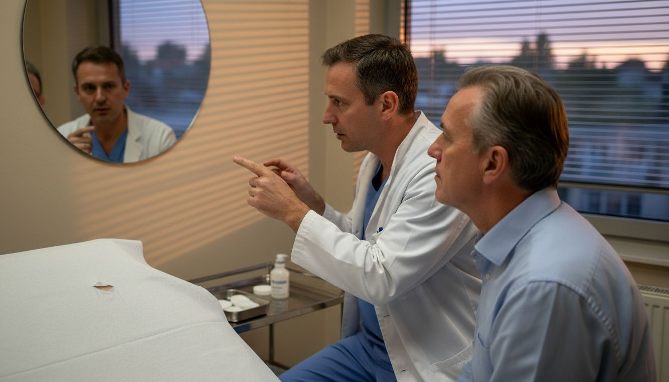Patient und Chirurg besprechen gemeinsam, wie sich das Gesicht nach dem Eingriff voraussichtlich verändern wird.