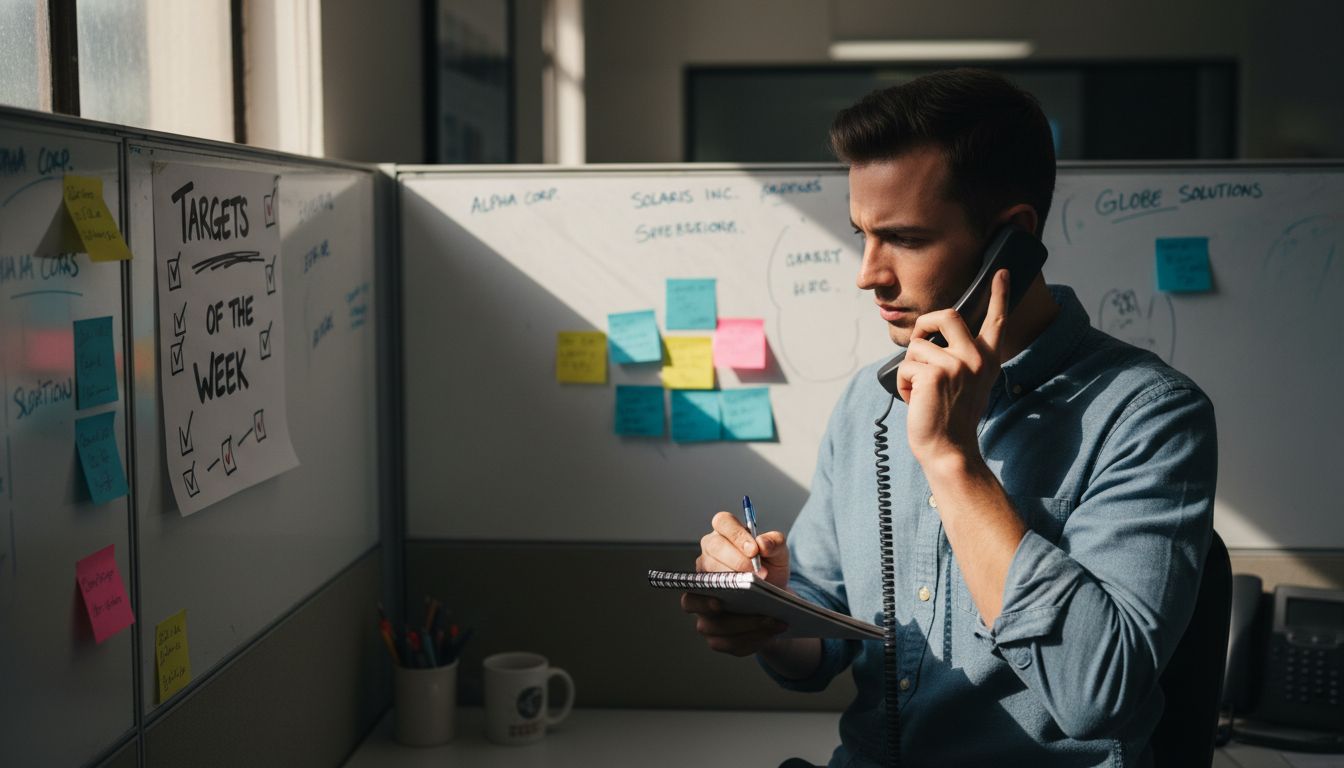 Sales rep cold calling B2B prospects at desk