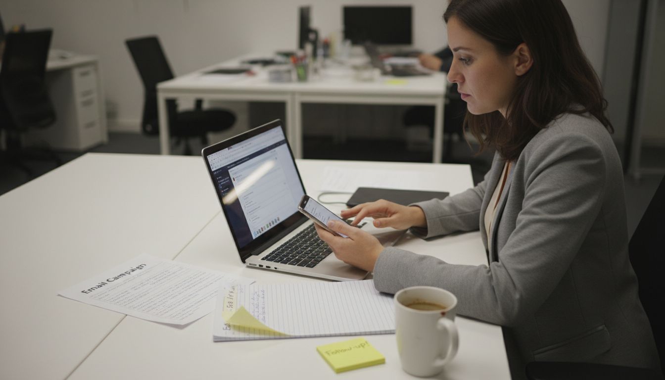 Account executive multitasking with laptop and phone