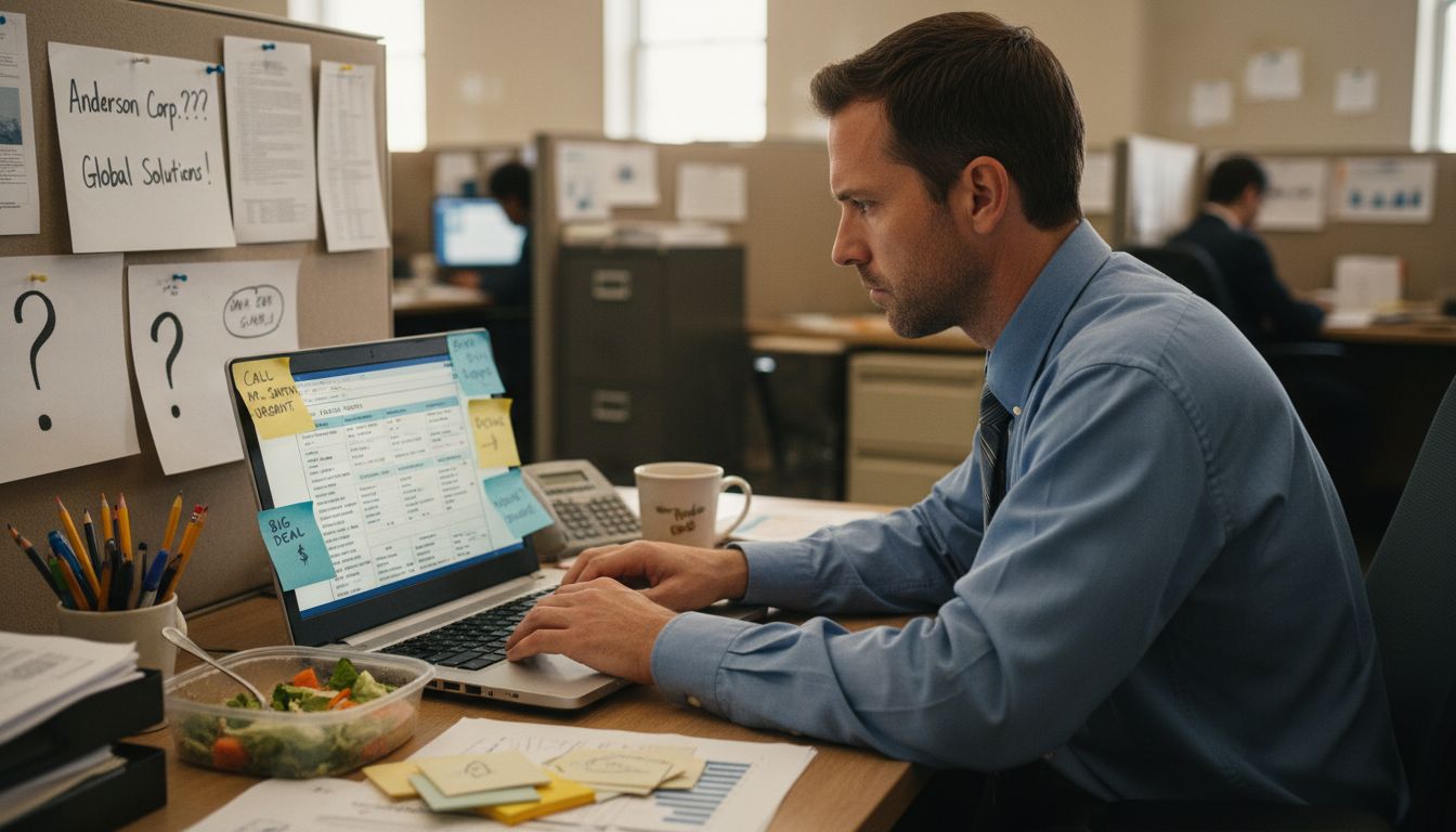 Sales rep researching leads at desk