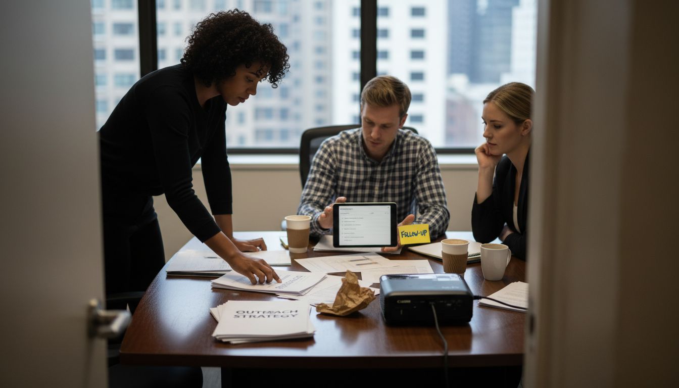 Team reviews email outreach strategy documents