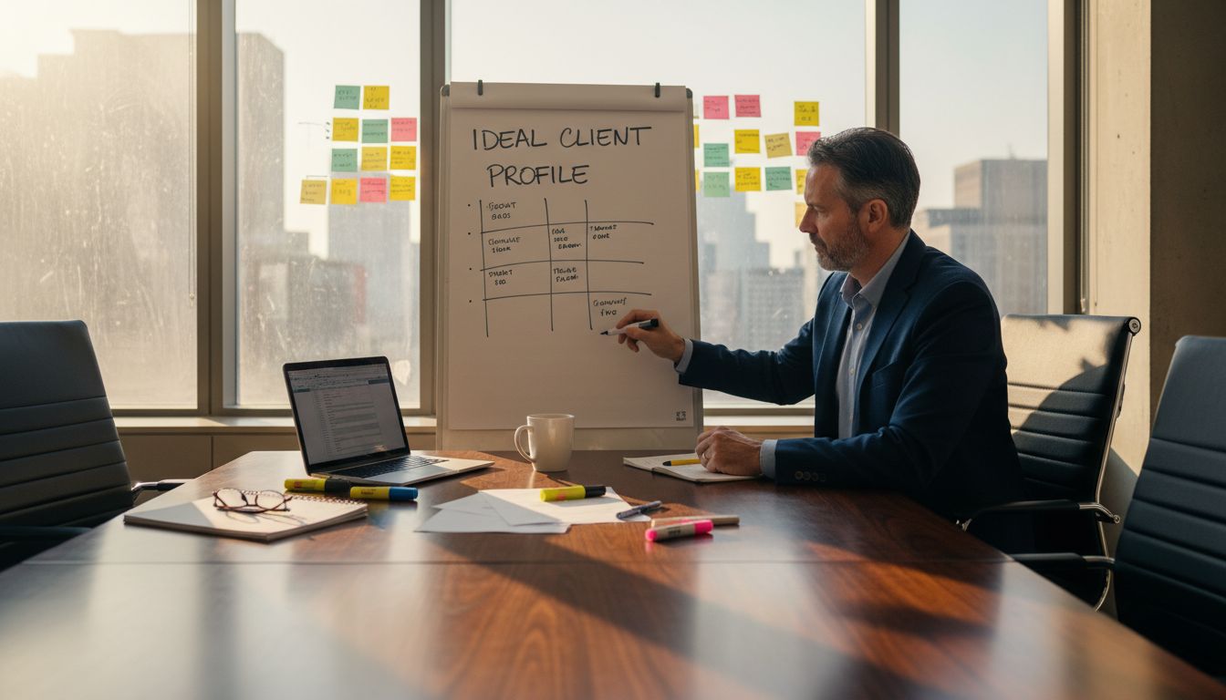 Man drafts B2B client profile on whiteboard