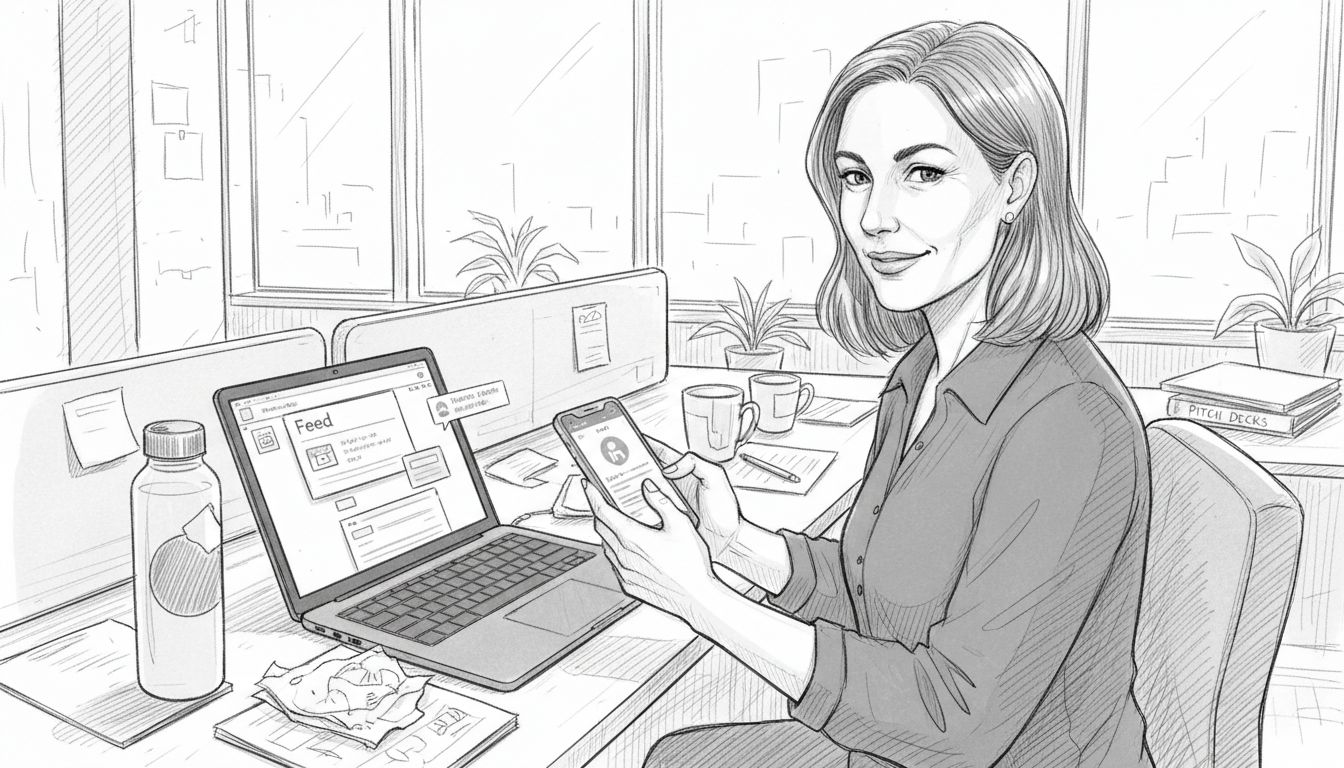 Professional engaging on LinkedIn at desk