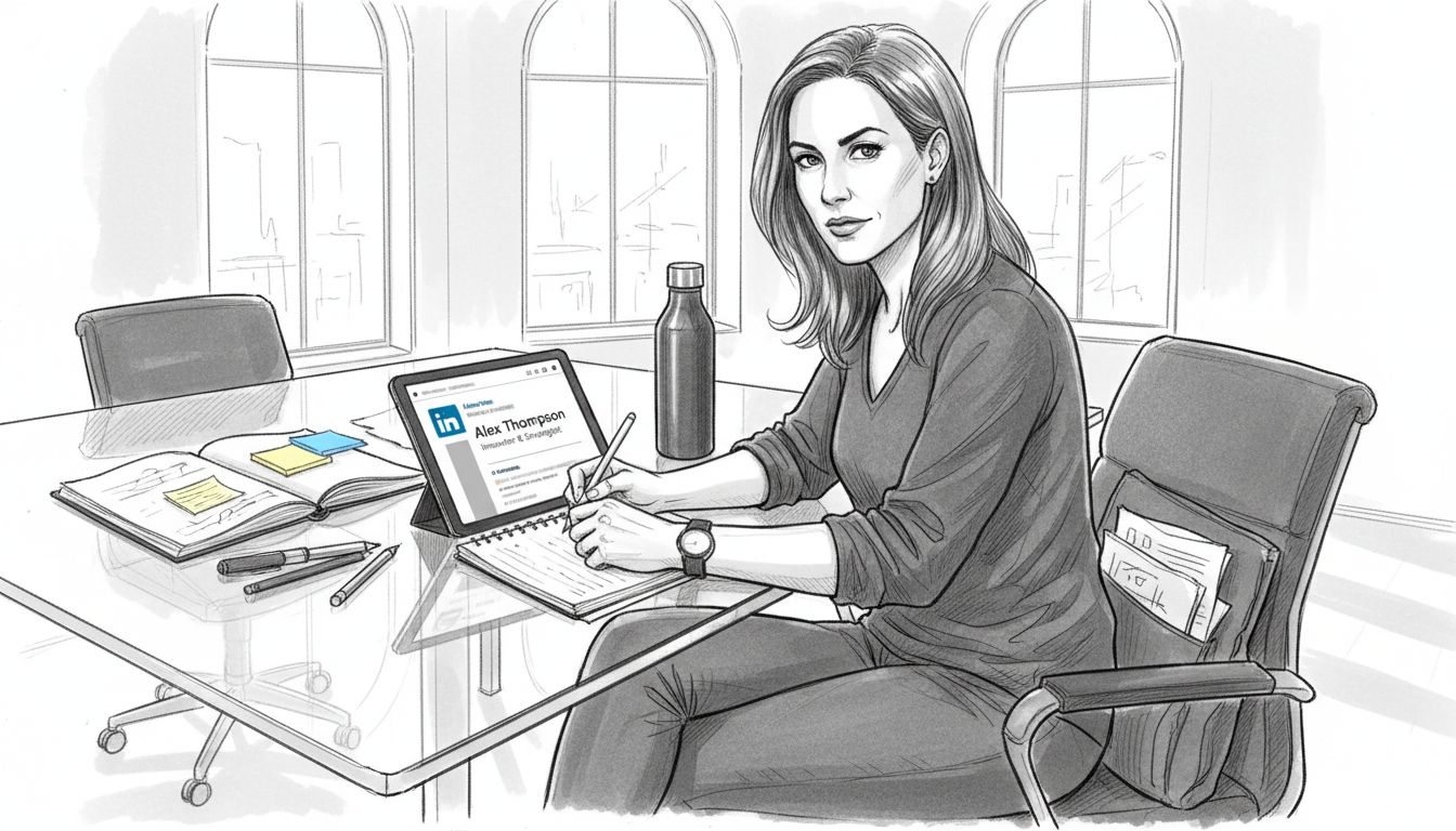 Entrepreneur researching LinkedIn contacts coworking