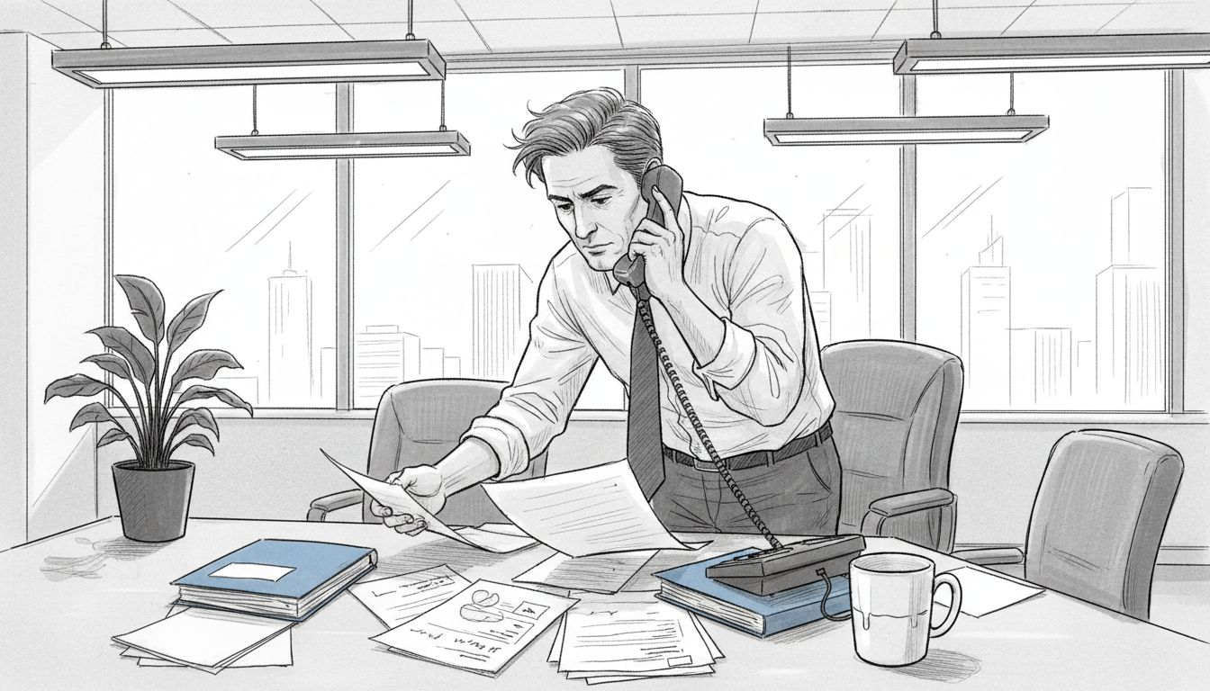 Professional reviewing lead sheets at meeting table