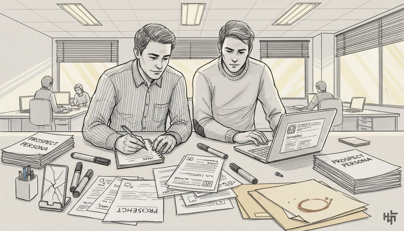 Team researching prospect personas at shared desk