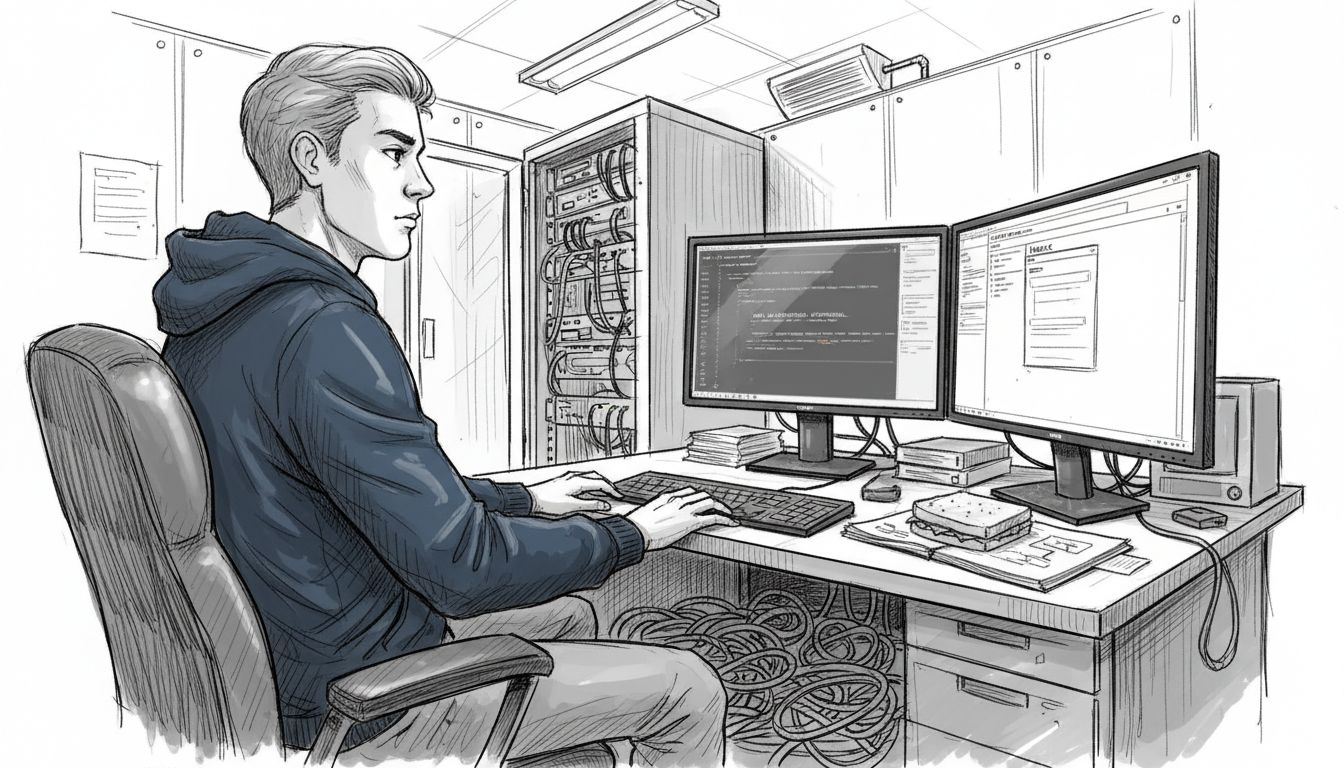 IT specialist configuring email authentication in server room