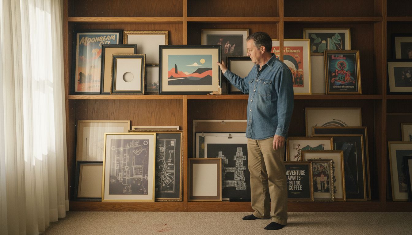 Choosing framed posters from home shelf