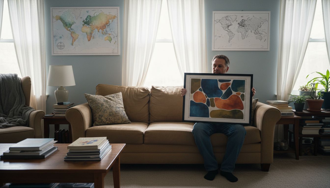 Man holding framed personalized map