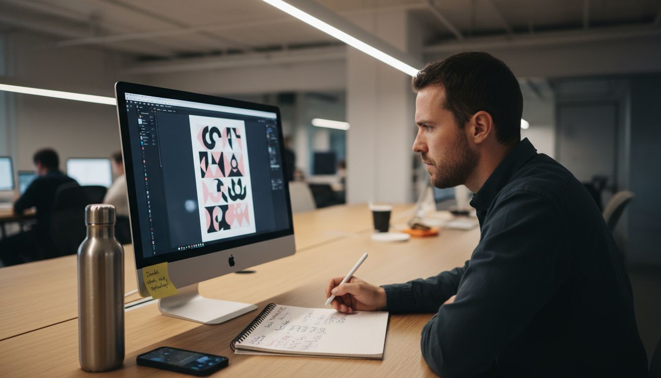 Man reviewing personalized poster mockup at desk