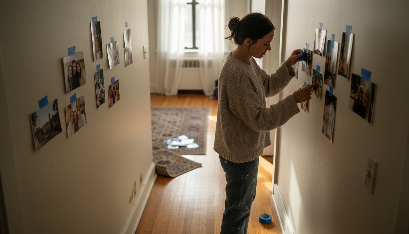 Woman arranging photo collage on wall