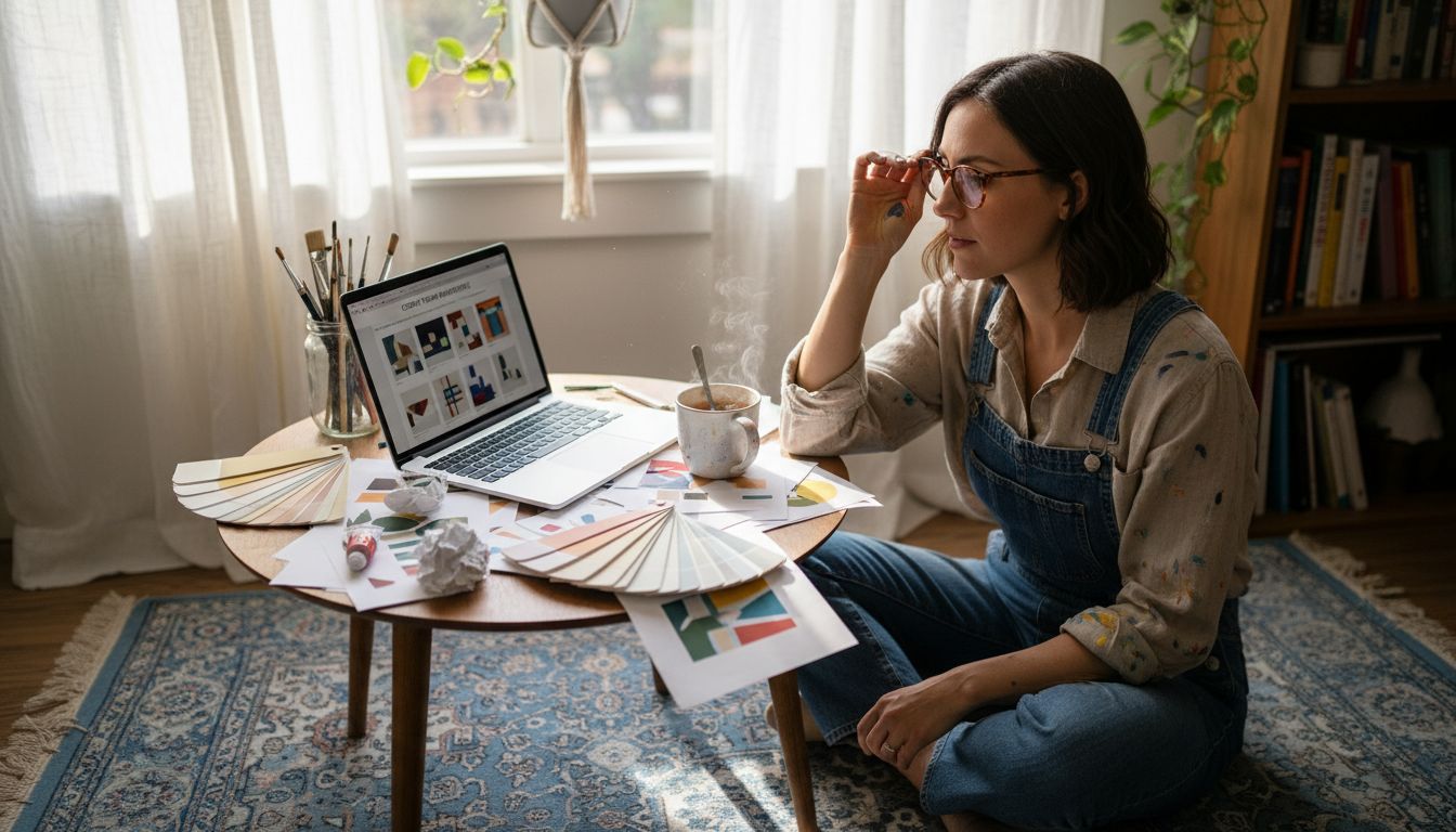 Designing custom wall art with laptop at home