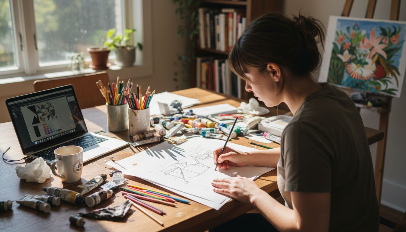 Woman designing custom wall art at home