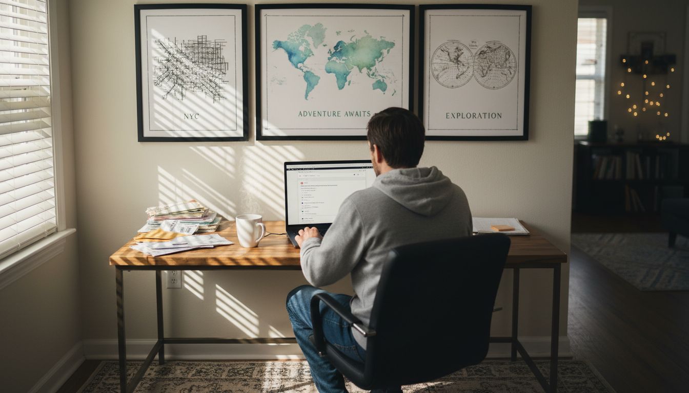 Variety of map art styles on wall