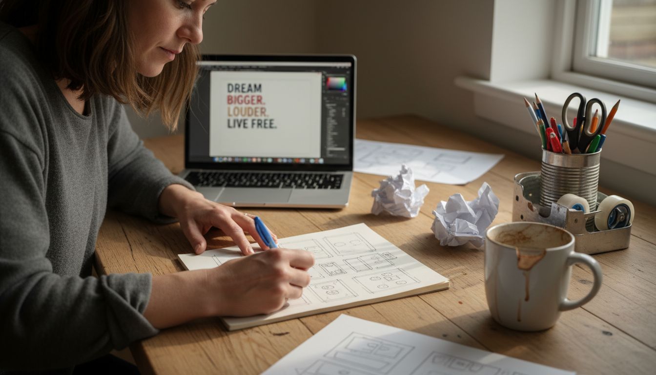 Lyric poster design process at table