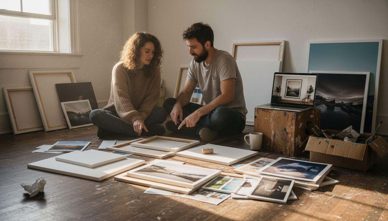 Couple examining art material samples in studio