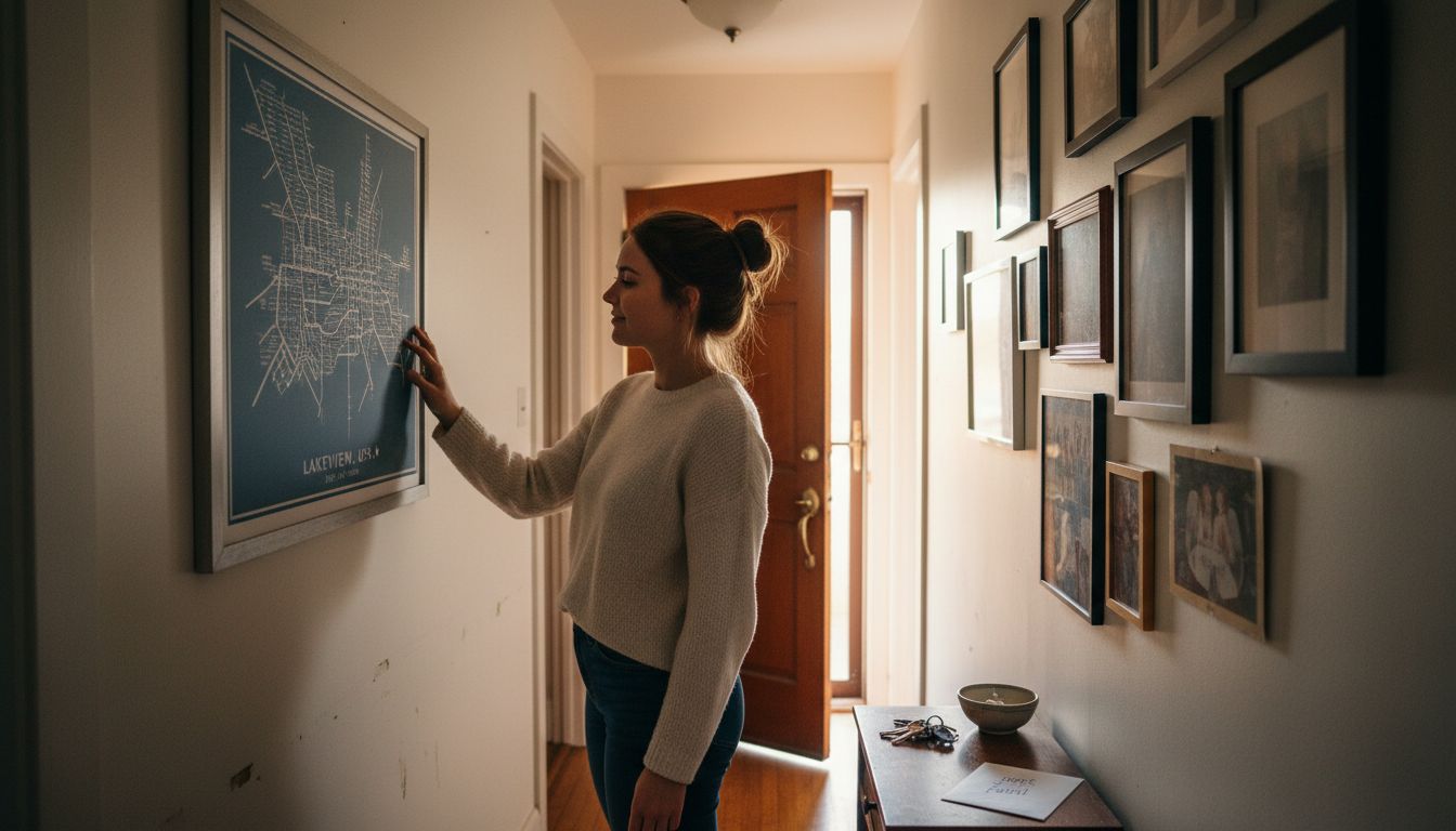 Woman viewing custom map in hallway