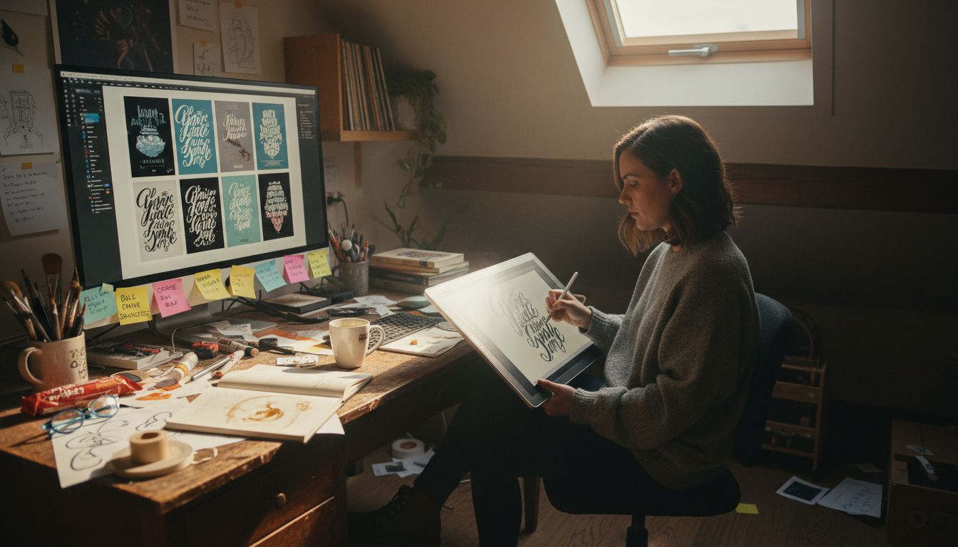 Designer creating custom lyric poster at desk