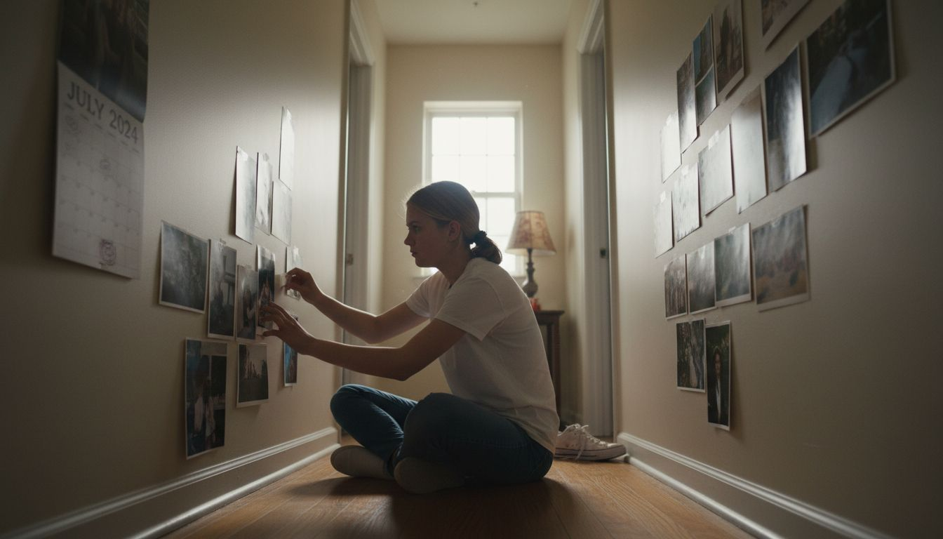 Teen placing photos in asymmetrical wall collage