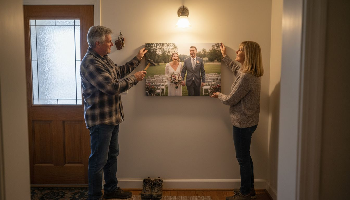 Couple hanging custom canvas in entryway