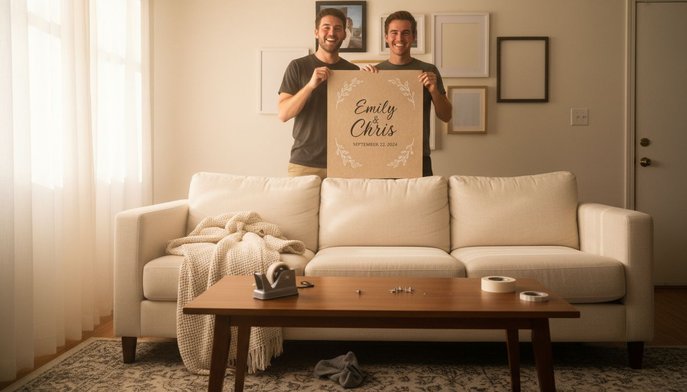 Couple hanging wedding poster in living room