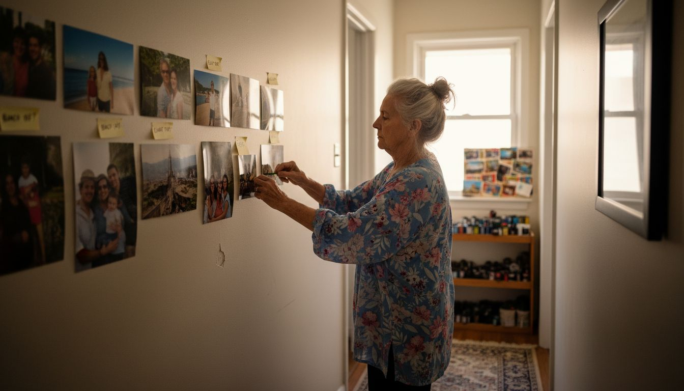 Grandmother arranging family photo gallery