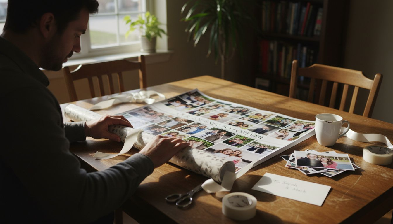 Man wrapping personalized collage poster gift