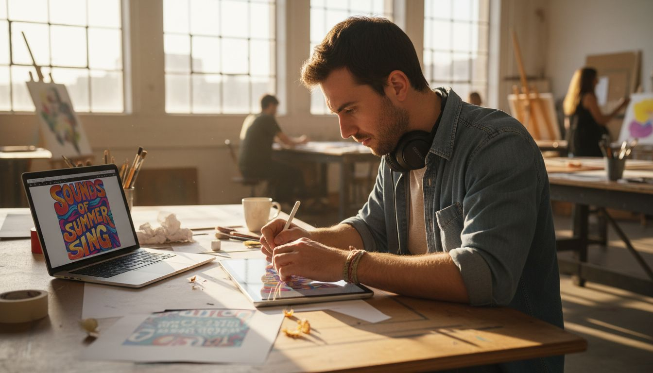 Man customizing fonts and colors on lyric poster