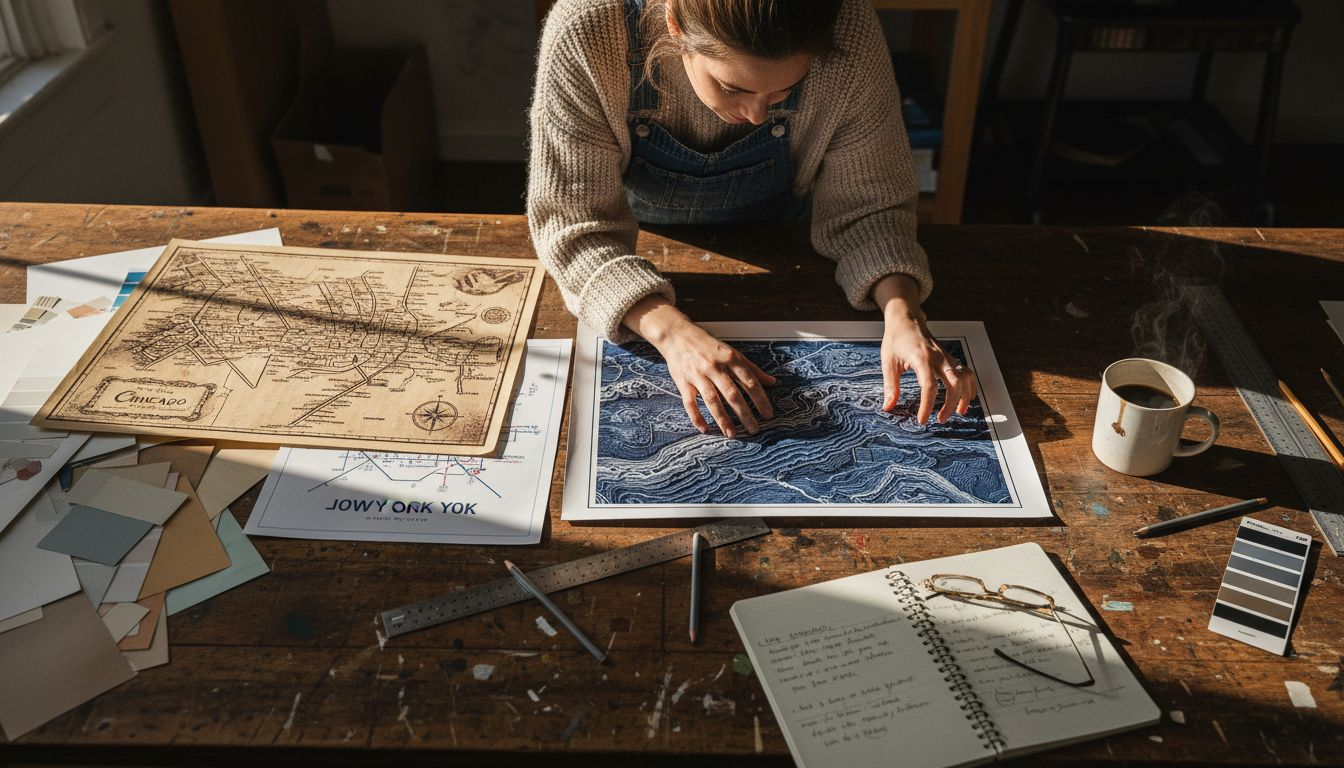 Designer comparing various map art prints