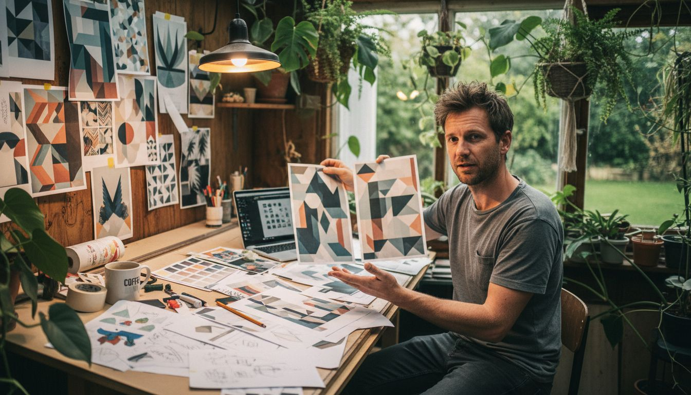 Designer reviewing wall art templates in studio