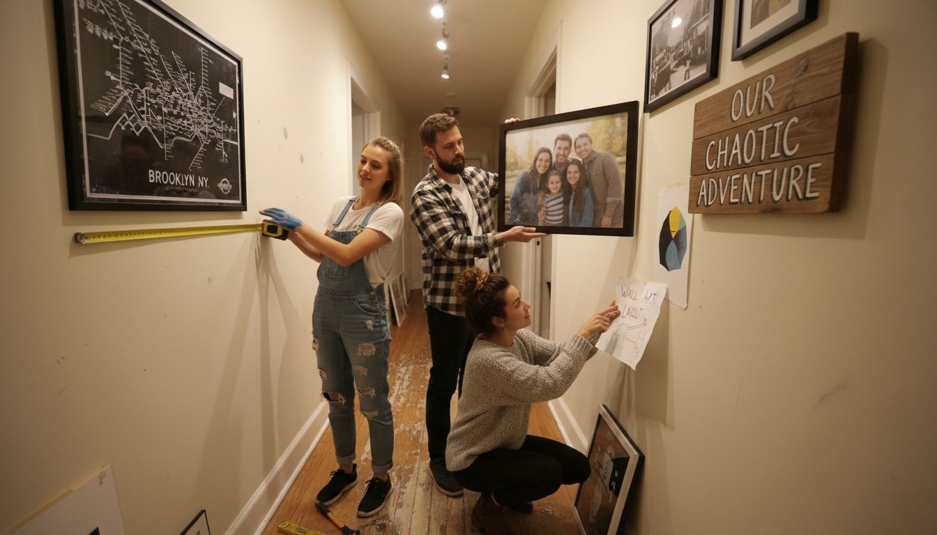 Friends arranging personalized wall art at home
