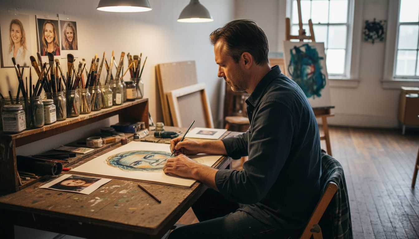 Artist sketching custom portrait in studio