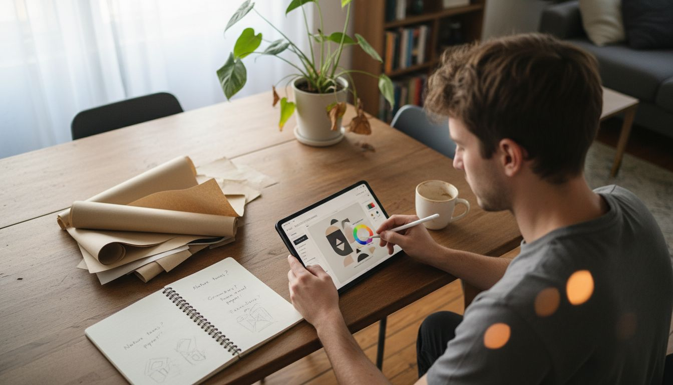 Man designing custom print at dining table