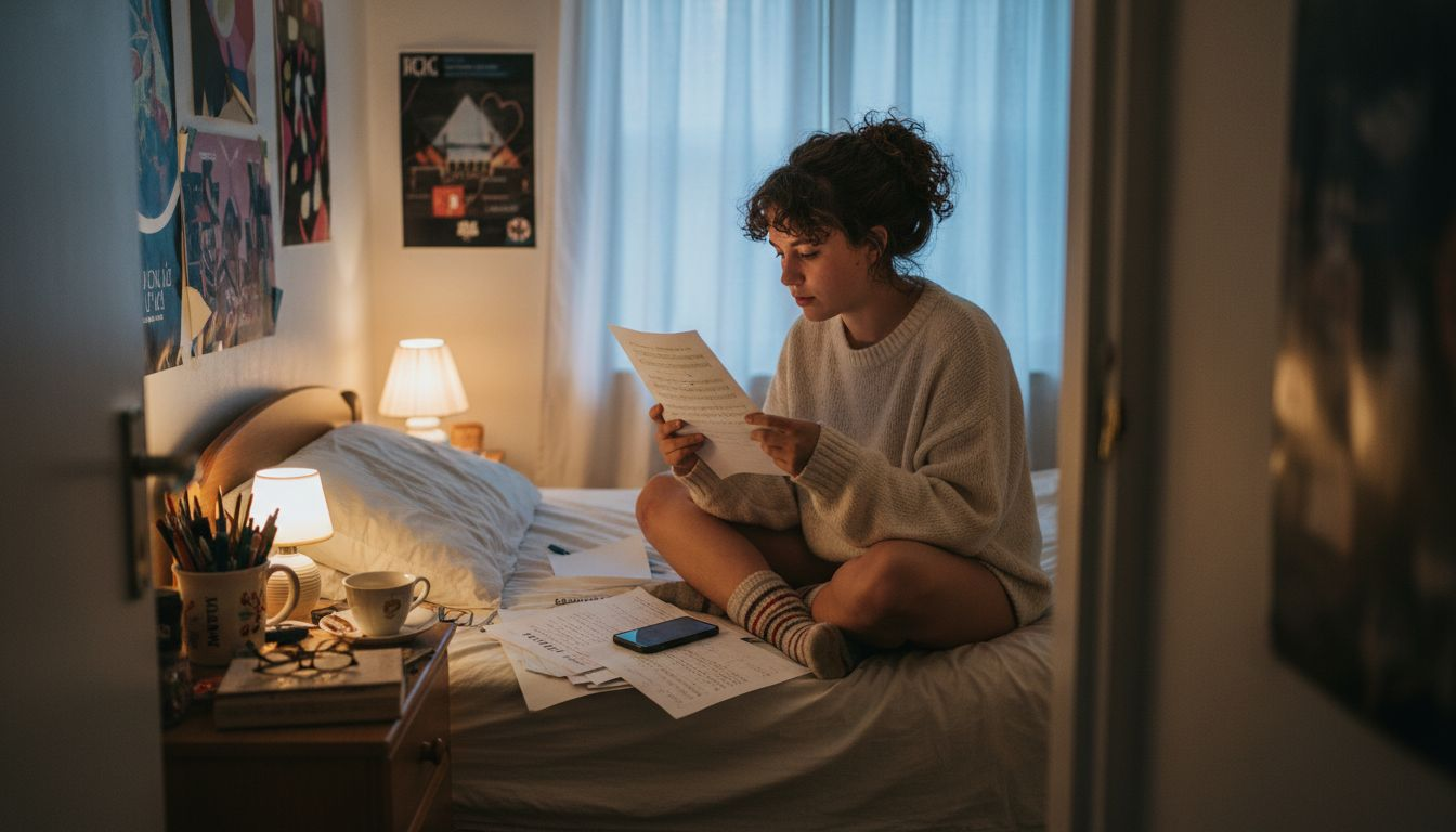 Young adult reading printed song lyrics